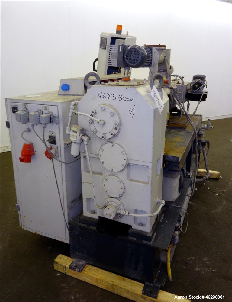 Used Cincinnati Extrusion 45mm Conical Twin Screw Extruder Type Titan 45P-APC. 1.77" (45 mm)/ 3.74" (95 mm) conical screws. Electrially heated, air cooled 3 zone barrel. Water cooled feed throat with...