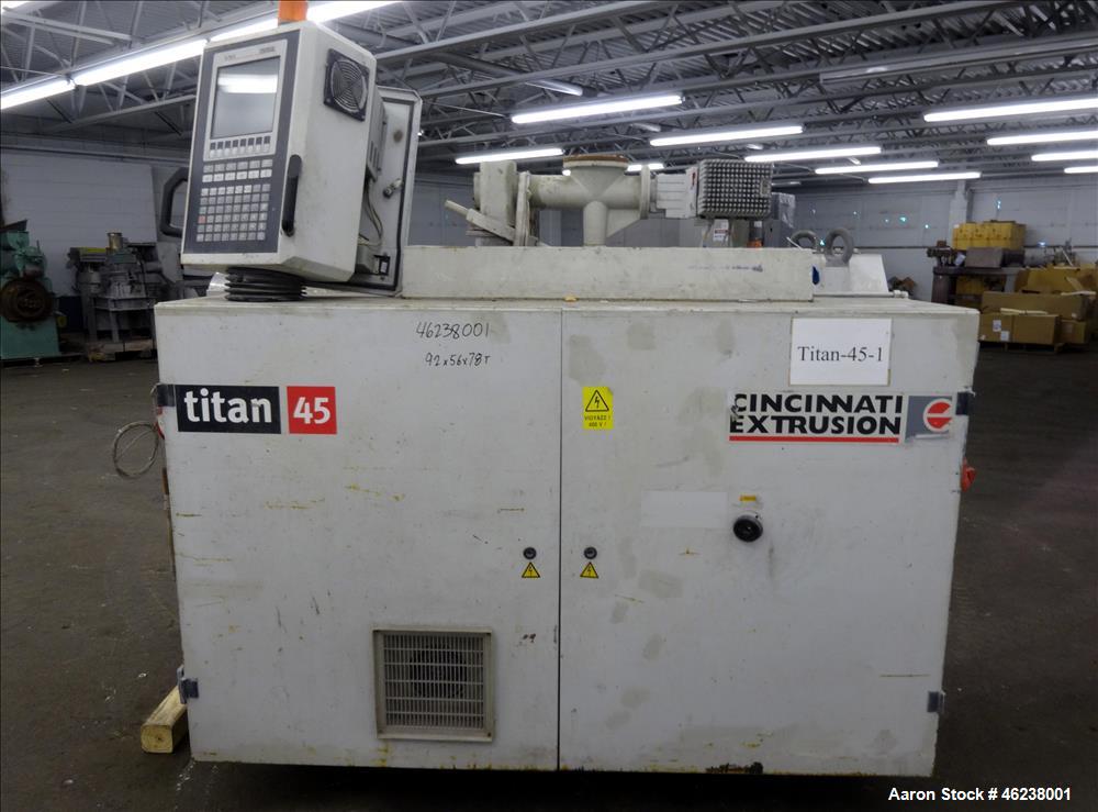 Used Cincinnati Extrusion 45mm Conical Twin Screw Extruder Type Titan 45P-APC. 1.77" (45 mm)/ 3.74" (95 mm) conical screws. Electrially heated, air cooled 3 zone barrel. Water cooled feed throat with...