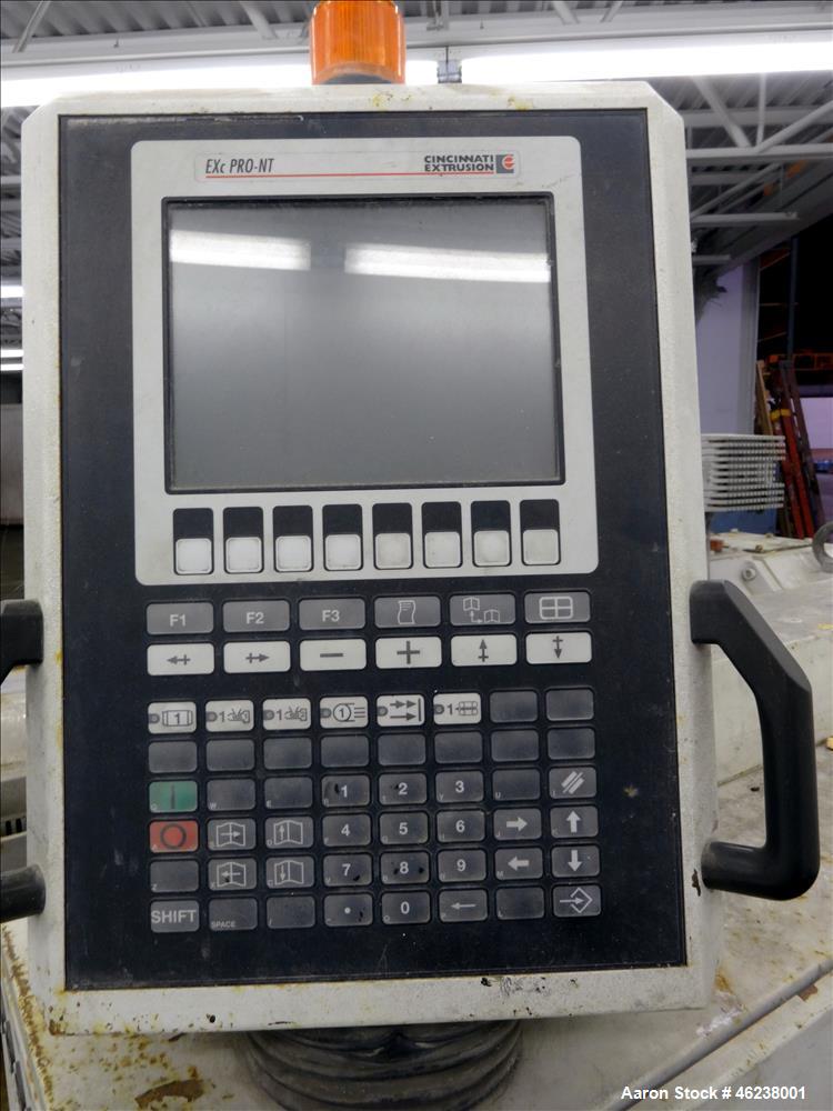 Used Cincinnati Extrusion 45mm Conical Twin Screw Extruder Type Titan 45P-APC. 1.77" (45 mm)/ 3.74" (95 mm) conical screws. Electrially heated, air cooled 3 zone barrel. Water cooled feed throat with...