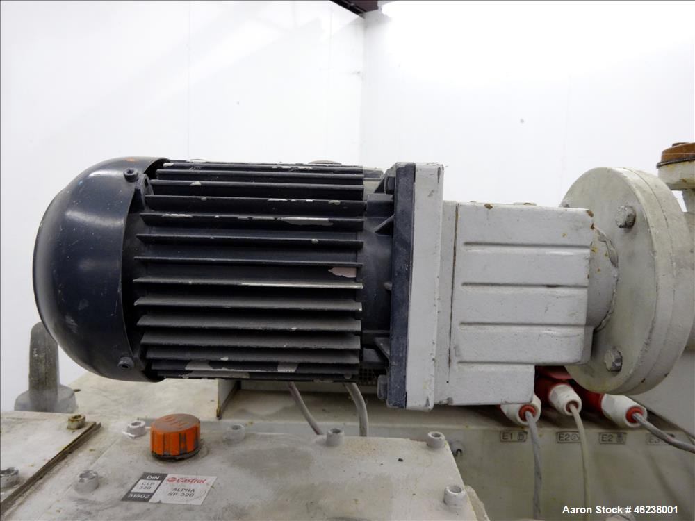 Used Cincinnati Extrusion 45mm Conical Twin Screw Extruder Type Titan 45P-APC. 1.77" (45 mm)/ 3.74" (95 mm) conical screws. Electrially heated, air cooled 3 zone barrel. Water cooled feed throat with...