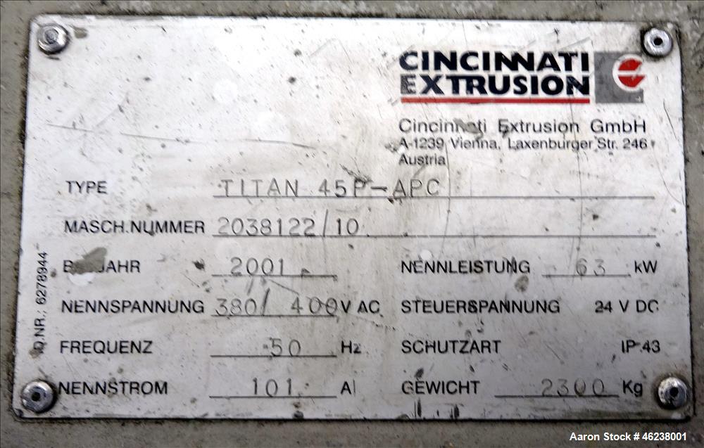 Used Cincinnati Extrusion 45mm Conical Twin Screw Extruder Type Titan 45P-APC. 1.77" (45 mm)/ 3.74" (95 mm) conical screws. Electrially heated, air cooled 3 zone barrel. Water cooled feed throat with...