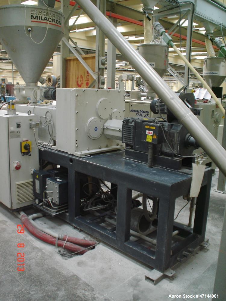 Used Cincinnati Twin-Screw Extruder Conical Milacron CMT 80-L. Year of production: 1995. Work hours: 39218 h D.C. shunt motor: 46kW Rating, installed and set: 1480.0 min-1 Speed: 297 Nm Torque: 0.7 k...