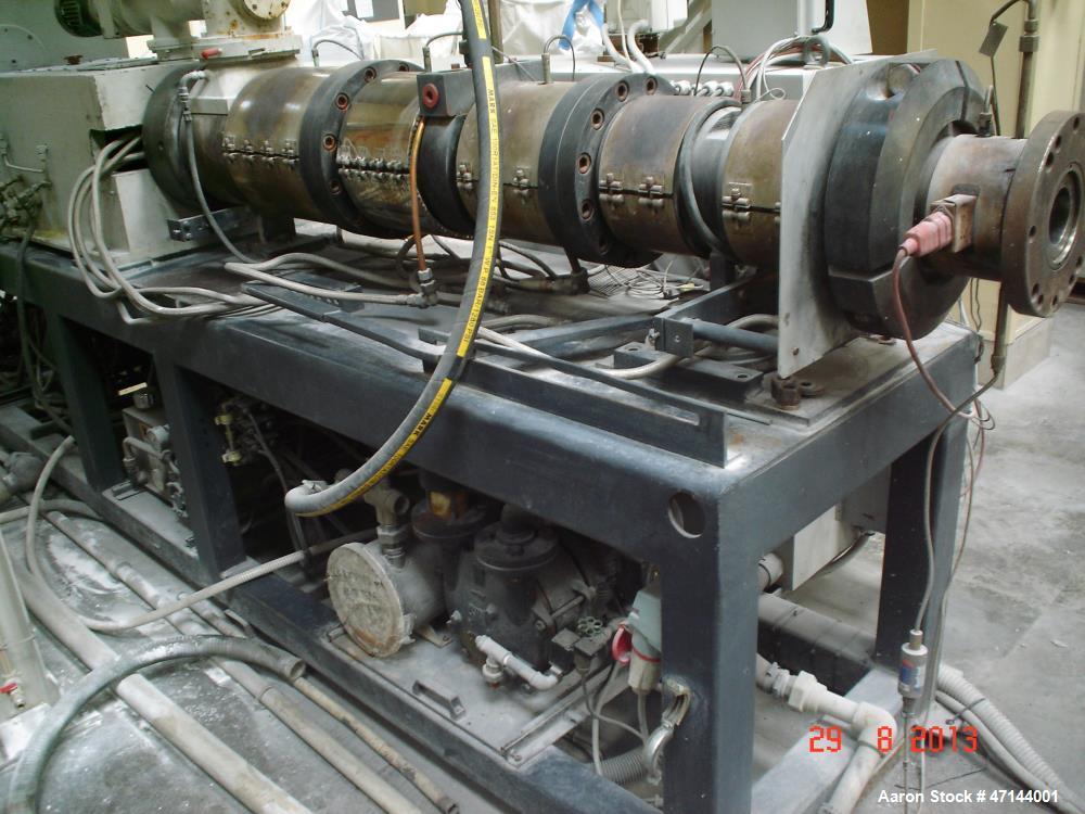 Used Cincinnati Twin-Screw Extruder Conical Milacron CMT 80-L. Year of production: 1995. Work hours: 39218 h D.C. shunt motor: 46kW Rating, installed and set: 1480.0 min-1 Speed: 297 Nm Torque: 0.7 k...