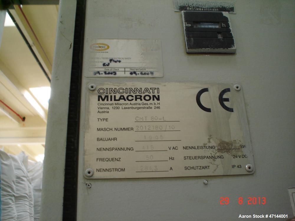 Used Cincinnati Twin-Screw Extruder Conical Milacron CMT 80-L. Year of production: 1995. Work hours: 39218 h D.C. shunt motor: 46kW Rating, installed and set: 1480.0 min-1 Speed: 297 Nm Torque: 0.7 k...