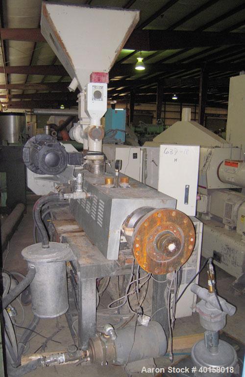 Used Cincinnati Milicron Conical Counter-Rotating Twin Screw Extruder, 55 mm, model E55 Pinnacle. Electrically heated, water cooled vented barrel with pump. Water cooled feed throat with a dosing fee...