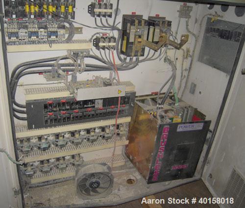 Used Cincinnati Milicron Conical Counter-Rotating Twin Screw Extruder, 55 mm, model E55 Pinnacle. Electrically heated, water cooled vented barrel with pump. Water cooled feed throat with a dosing fee...