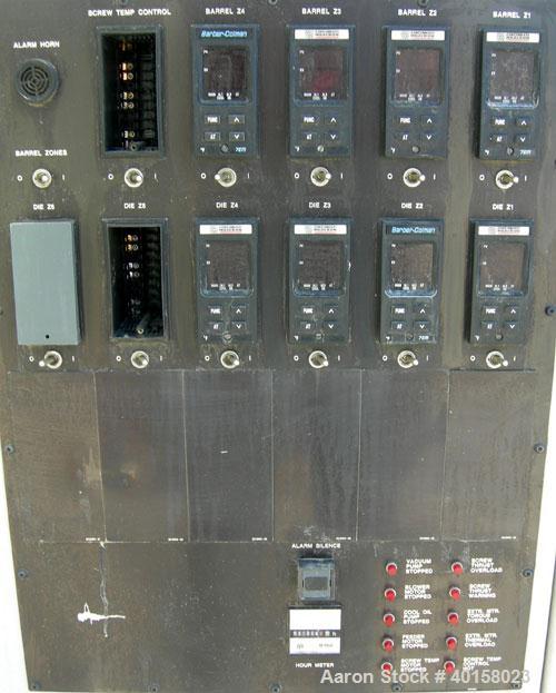 Used 55mm Cincinnati conical, counter rotating twin screw extruder. Has electrically heated, water cooled vented barrel, starve feeder, driven by 40 hp Reliance DC motor with SCR control. Extruder ha...
