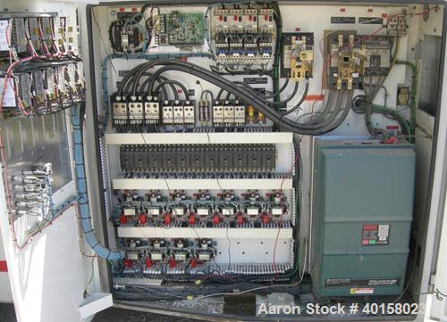 Used 55mm Cincinnati conical, counter rotating twin screw extruder. Has electrically heated, water cooled vented barrel, starve feeder, driven by 40 hp Reliance DC motor with SCR control. Extruder ha...