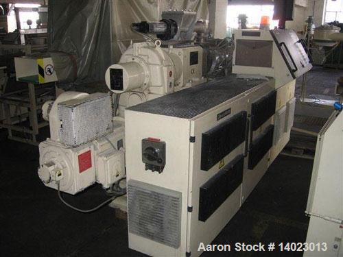 Used Krauss Maffei KMD 2-50 KK Conical Extruder.  Counter-rotating, screw diameter 2" - 4" (50 - 103 mm), screw length 41.7" (1060 mm), screw sped 4.3 - 43 rpm, 33.3 hp/25 kW drive, 400/50/3.  Produc...