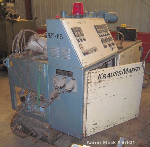 Used Krauss Maffei 50mm Counter-Rotating Twin Screw Extruder, Type KMD-2-50KK. (2) 50 mm diameter screws. Dosing feeder. Gearbox is direct driven by a 30 hp DC motor. Integral panel has 8 zones of di...