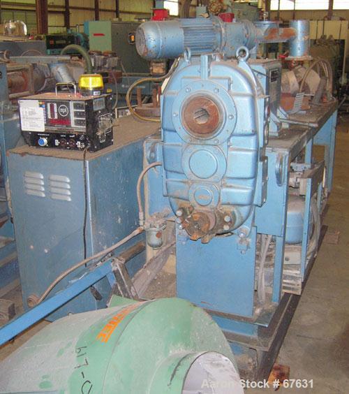 Used Krauss Maffei 50mm Counter-Rotating Twin Screw Extruder, Type KMD-2-50KK. (2) 50 mm diameter screws. Dosing feeder. Gearbox is direct driven by a 30 hp DC motor. Integral panel has 8 zones of di...