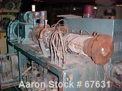 Used Krauss Maffei 50mm Counter-Rotating Twin Screw Extruder, Type KMD-2-50KK. (2) 50 mm diameter screws. Dosing feeder. Gearbox is direct driven by a 30 hp DC motor. Integral panel has 8 zones of di...