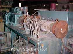 Used Krauss Maffei 50mm Counter-Rotating Twin Screw Extruder, Type KMD-2-50KK. (2) 50 mm diameter screws. Dosing feeder. Gearbox is direct driven by a 30 hp DC motor. Integral panel has 8 zones of di...