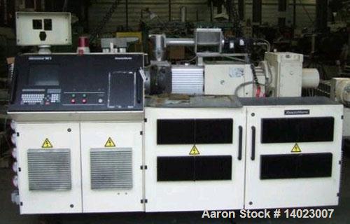 Used Krauss Maffei KMD 2-60 KK conical extruder, counter rotating, screw diameter 2.36" - 4.92" (60 - 125mm), screw length 51.2" (1300 mm), with 6 kW cooling, 50 HP/37.5 kW drive, 50 Hz. Capacity 375...