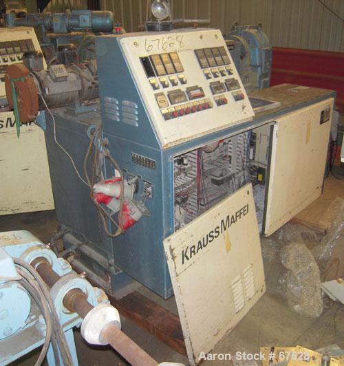 Used Krauss Maffei 40mm Counter-Rotating Twin Screw Extruder, Type KMD2-40KK. (2) 40 mm diameter screws. Gearbox is direct driven by a 25 hp DC motor. Integral panel has 8 zones of RKC digital contro...