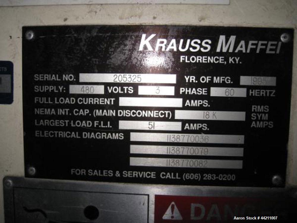 Used Krauss Maffei Model KMD2-50KK Counter-Rotating Twin Screw Extruder. 50 mm Diameter screws, 30 hp motor, 6 barrel and 8 die zones, serial #205325, year 1995.