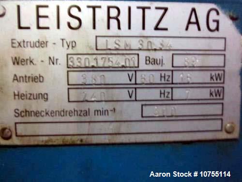 Used Leistritz Model LSM-30.34 Twin Screw Counter Rotating. Currently set up at 30:1 L/D. Can be changed to 12.35, 12.88, 19.41, 22.94, 26.47, 30, and 33.53:1 L/D, 34mm (1.181") screws with a center ...