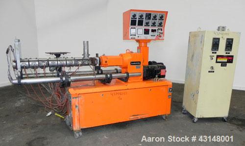 Used Leistritz 34mm Counter-Rotating Twin Screw Extruder, Model LSM30.34 GL. Approximately 38 to 1 L/D ratio. Electrically heated, air cooled 7 barrel zones, 1 water cooled feed zone with hopper. Scr...