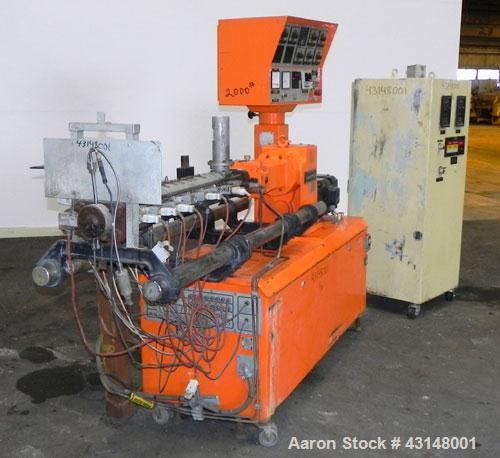 Used Leistritz 34mm Counter-Rotating Twin Screw Extruder, Model LSM30.34 GL. Approximately 38 to 1 L/D ratio. Electrically heated, air cooled 7 barrel zones, 1 water cooled feed zone with hopper. Scr...
