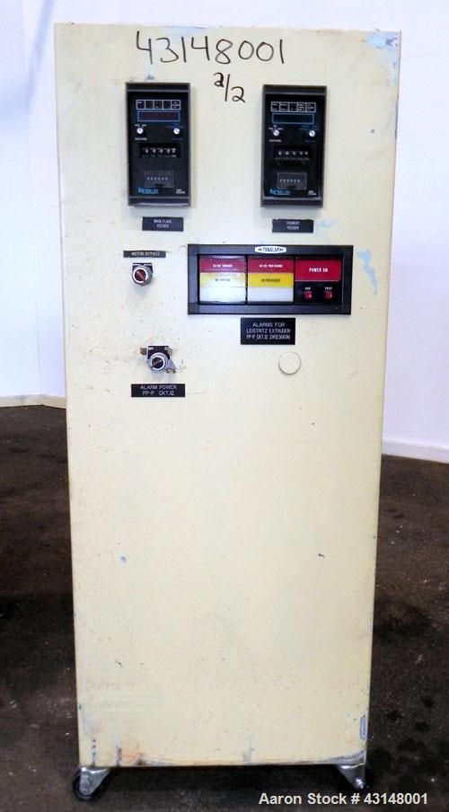 Used Leistritz 34mm Counter-Rotating Twin Screw Extruder, Model LSM30.34 GL. Approximately 38 to 1 L/D ratio. Electrically heated, air cooled 7 barrel zones, 1 water cooled feed zone with hopper. Scr...