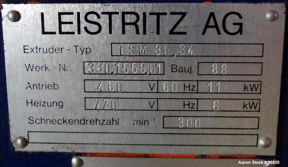 Used Leistritz 34mm Twin Screw Extruder, Model LSM30.34