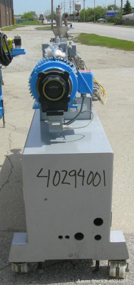 Used Leistritz Counter-Rotating 18 mm Twin Screw Extruder, Model MIC18/GG-40D. 8 Barrel sections, electrically heated, water cooled. Feed section with small hopper. Driven by a 3 hp, 3/60/120 hz, 230...