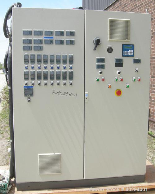 Used Leistritz Counter-Rotating 18 mm Twin Screw Extruder, Model MIC18/GG-40D. 8 Barrel sections, electrically heated, water cooled. Feed section with small hopper. Driven by a 3 hp, 3/60/120 hz, 230...