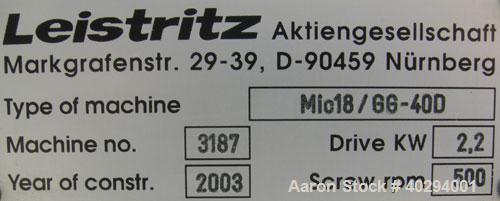Used Leistritz Counter-Rotating 18 mm Twin Screw Extruder, Model MIC18/GG-40D. 8 Barrel sections, electrically heated, water cooled. Feed section with small hopper. Driven by a 3 hp, 3/60/120 hz, 230...