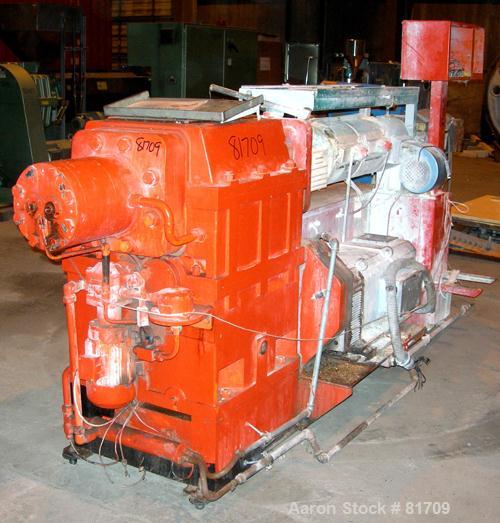 USED: Leistriz 80mm counter-rotating, intermeshing twin screw extruder, model ZSE80-2M. (2) 80mm screws, approximate 20:1 L/D ratio, electrically heated, air cooled. 5 barrel segments, 1 top vented, ...