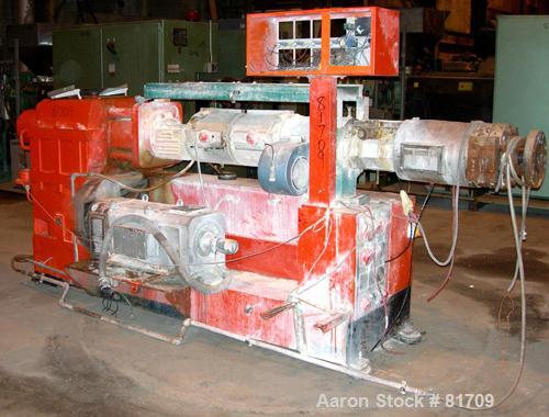 USED: Leistriz 80mm counter-rotating, intermeshing twin screw extruder, model ZSE80-2M. (2) 80mm screws, approximate 20:1 L/D ratio, electrically heated, air cooled. 5 barrel segments, 1 top vented, ...