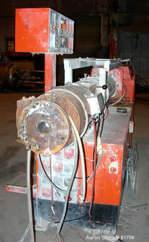 USED: Leistriz 80mm counter-rotating, intermeshing twin screw extruder, model ZSE80-2M. (2) 80mm screws, approximate 20:1 L/D ratio, electrically heated, air cooled. 5 barrel segments, 1 top vented, ...