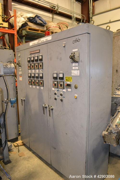 Used Ikegai 65mm Twin Screw Extruder, Model PCM-65II. Liquid heated, and cooled. 8 Zone top vented barrel. Top mounted twin screw feeder. Approximate 64" centerline height. Extruder driven by a 55kw ...