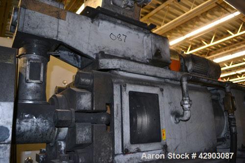 Used Ikegai 65mm Twin Screw Extruder, Model PCM-65II. Liquid heated, and cooled. 8 Zone top vented barrel. Top mounted twin screw feeder. Approximate 64" centerline height. Extruder driven by a 75kw ...
