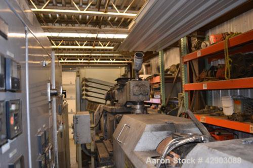 Used Ikegai 65mm Twin Screw Extruder, Model PCM-65II. Liquid heated, and cooled. 8 Zone top vented barrel. Top mounted twin screw feeder. Approximate 64" centerline height. Extruder driven by a 55kw ...