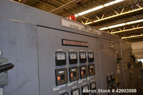 Used Ikegai 65mm Twin Screw Extruder, Model PCM-65II. Liquid heated, and cooled. 8 Zone top vented barrel. Top mounted twin screw feeder. Approximate 64" centerline height. Extruder driven by a 55kw ...
