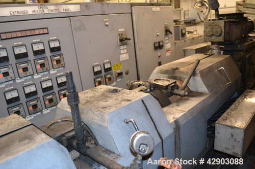 Used Ikegai 65mm Twin Screw Extruder, Model PCM-65II. Liquid heated, and cooled. 8 Zone top vented barrel. Top mounted twin screw feeder. Approximate 64" centerline height. Extruder driven by a 55kw ...