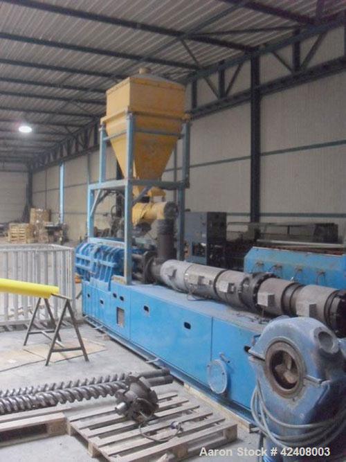 Used Theysohn PAR 130 Counter-Rotating Twin Screw Extruder, 5.12" (130 mm), L/D 23, built 1995. Capacity 1.1 tons (1000 kg/hr) PVC granulation, 113.3 hp/85 kW, 1750 rpm with gear reduction, 400V, 3 p...
