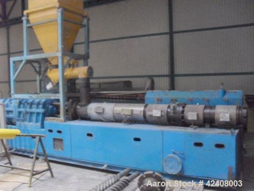 Used Theysohn PAR 130 Counter-Rotating Twin Screw Extruder, 5.12" (130 mm), L/D 23, built 1995. Capacity 1.1 tons (1000 kg/hr) PVC granulation, 113.3 hp/85 kW, 1750 rpm with gear reduction, 400V, 3 p...