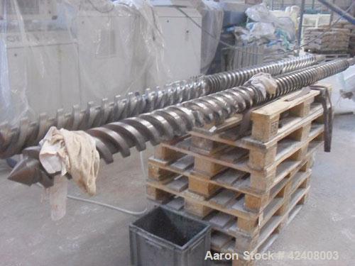 Used Theysohn PAR 130 Counter-Rotating Twin Screw Extruder, 5.12" (130 mm), L/D 23, built 1995. Capacity 1.1 tons (1000 kg/hr) PVC granulation, 113.3 hp/85 kW, 1750 rpm with gear reduction, 400V, 3 p...