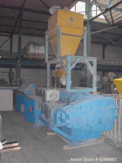 Used Theysohn PAR 130 Counter-Rotating Twin Screw Extruder, 5.12" (130 mm), L/D 23, built 1995. Capacity 1.1 tons (1000 kg/hr) PVC granulation, 113.3 hp/85 kW, 1750 rpm with gear reduction, 400V, 3 p...