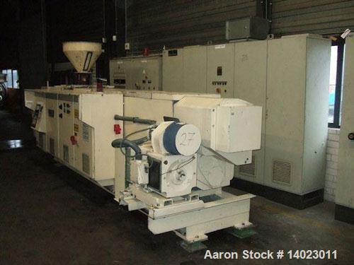 Used Weber DS 12 P Counter-Rotating Twin Screw Extruder.  Screw diameter 4.7" (120 mm).  L/D ratio 19.  Motor 100 hp (75 kW).  Maximum screw speed 20 rpm.  (5) Heating zones, (2) cooling zones.  Maxi...