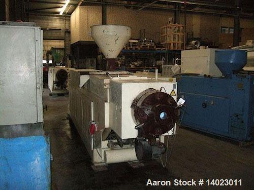 Used Weber DS 12 P Counter-Rotating Twin Screw Extruder.  Screw diameter 4.7" (120 mm).  L/D ratio 19.  Motor 100 hp (75 kW).  Maximum screw speed 20 rpm.  (5) Heating zones, (2) cooling zones.  Maxi...