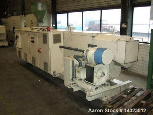Used Weber DS 12 P Counter-Rotating Twin Screw Extruder. Screw diameter 4.7" (120 mm). L/D ratio 19. Motor 100 hp (75 kW). Maximum screw speed 20 rpm. (5) Heating zones, (2) cooling zones. Maximum ou...