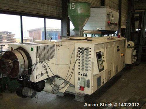 Used Weber DS 12 P Counter-Rotating Twin Screw Extruder. Screw diameter 4.7" (120 mm). L/D ratio 19. Motor 100 hp (75 kW). Maximum screw speed 20 rpm. (5) Heating zones, (2) cooling zones. Maximum ou...
