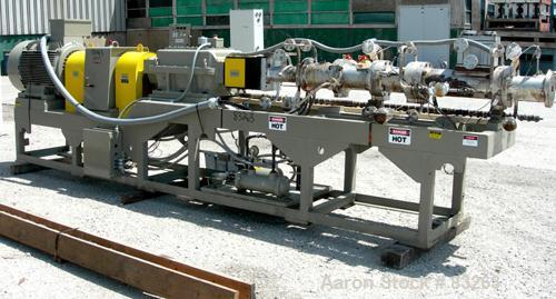 USED: Welding Engineers twin screw extruder. 50 mm (2") screw diameter, 42:1 L/D, model HT2.0 Counter rotating non-intermeshing screw design. 5 zone vented oil heat barrel. Feed throat (no hopper). D...