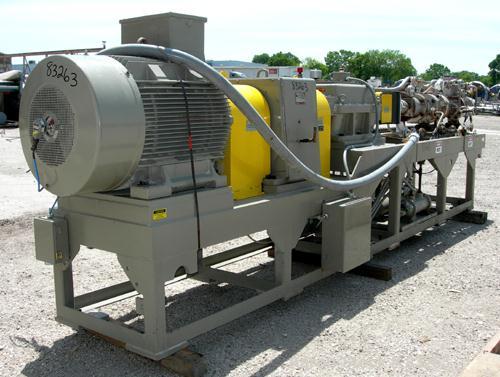 USED: Welding Engineers twin screw extruder. 50 mm (2") screw diameter, 42:1 L/D, model HT2.0 Counter rotating non-intermeshing screw design. 5 zone vented oil heat barrel. Feed throat (no hopper). D...
