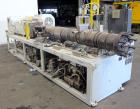 Used American Maplan 110mm Counter-Rotating Twin Screw Extruder, Model TS-110.  Approximate 26 to 1 L/D ratio.  Top vented barrel with electrically heated 1 and 2 barrel zones, zones 3, 4, and 5 offe...