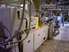 USED: American Maplin model TS-110 counter-rotating twin screw extruder. 110 mm screw diameter. Unit vented and equipped with X800 barrel and T/C screws, double compression. Unit driven by a 125 Vect...