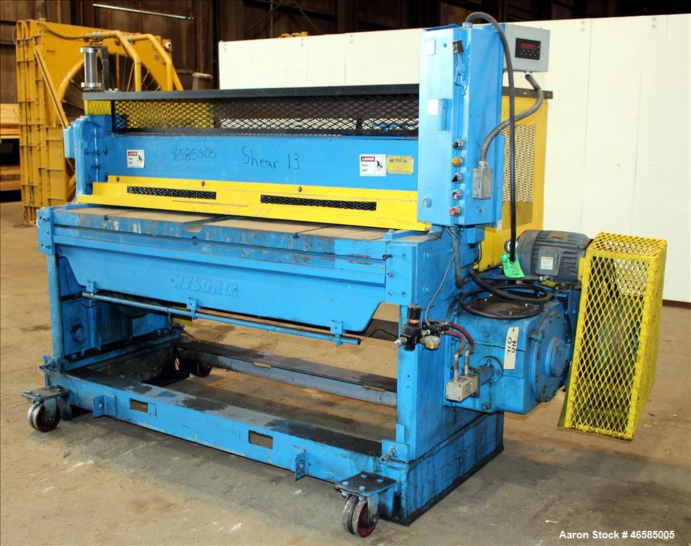 Used Wysong 72" Wide In-Line Shear, Model 1272. Driven by a 5 hp, 3/60/230/460 volt, 1745 rpm motor. Includes side mounted controls. Mounted on carbon steel frame with casters. Serial# P3-478.
