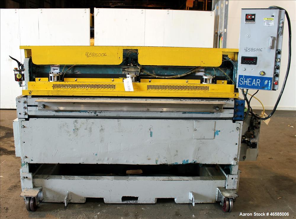 Used 72" Wide In-Line Shear. Driven by a approximate 5hp motor(no tag). Includes controls. Mounted on carbon steel frame.